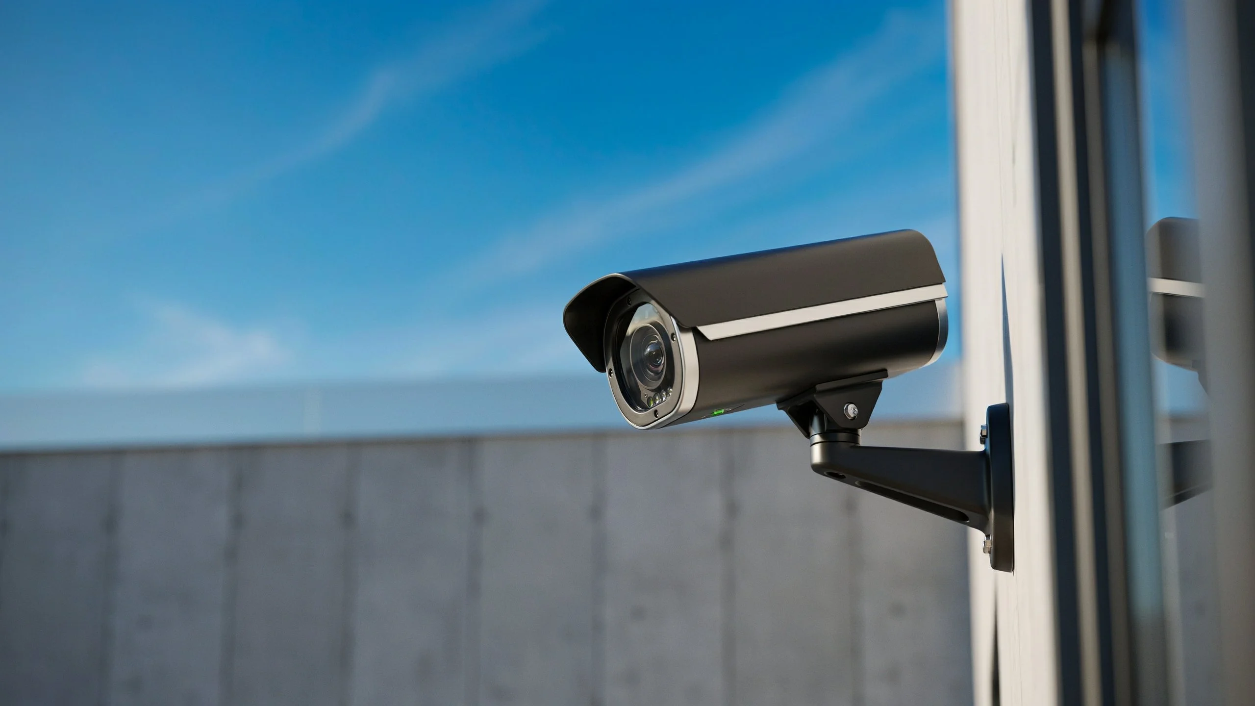 Black bullet-style CCTV security camera mounted on a wall bracket against a clear blue sky, with a concrete wall in the background.