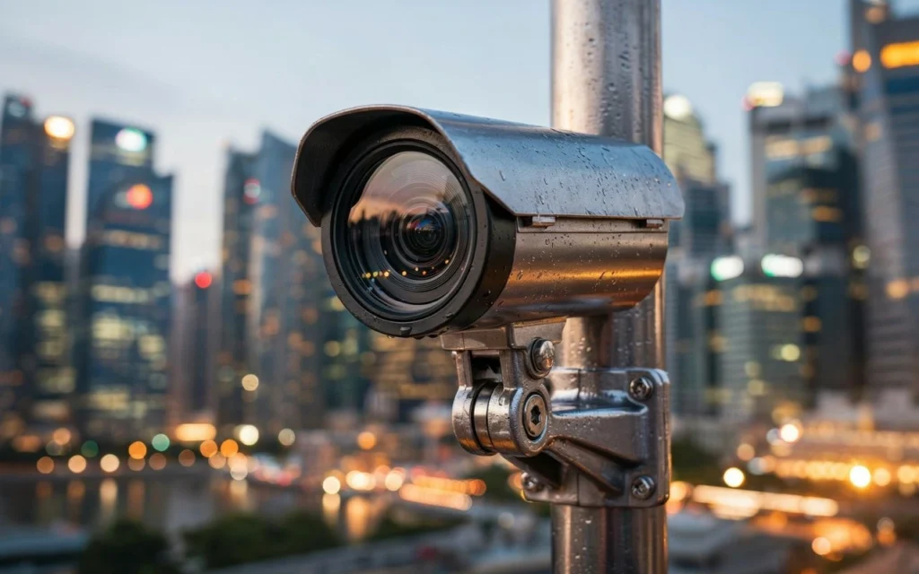 Close-up of a security camera on a pole overlooking a city skyline at twilight, with rain droplets on the housing.