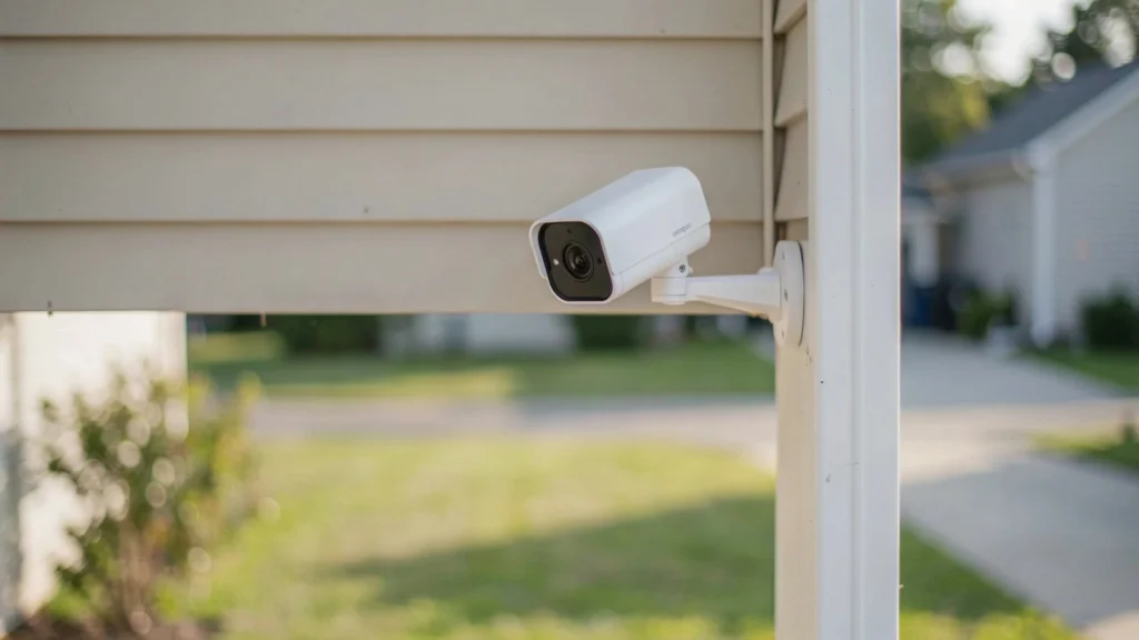 White security camera mounted under a house eave, angled toward a driveway and street with a neighboring home visible in the background