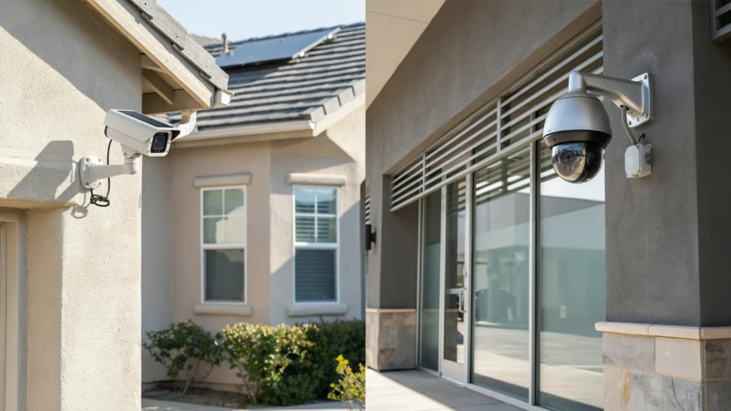 Solar powered security camera mounted on a home compared to a hardwired dome camera on a commercial building