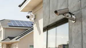 Solar powered security camera on a house next to a hardwired bullet camera on a concrete wall