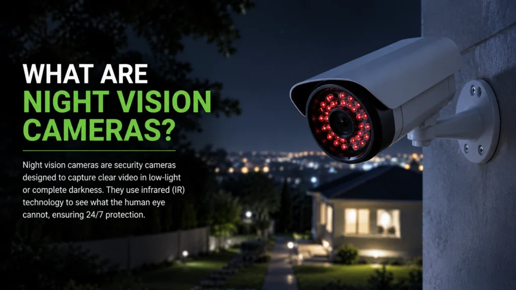 Close-up of a night vision security camera with illuminated infrared LEDs mounted outside a house at night, next to the heading "What Are Night Vision Cameras?"