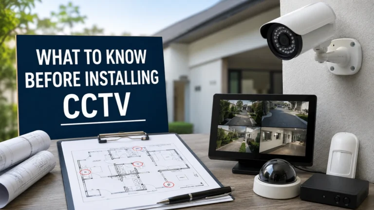 Planning a CCTV installation with security cameras, property layout, and surveillance equipment before setup.