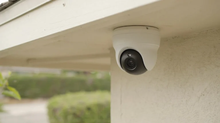 White dome security camera mounted under a house eave, with dark lens housing visible, blurred green hedge in the background.