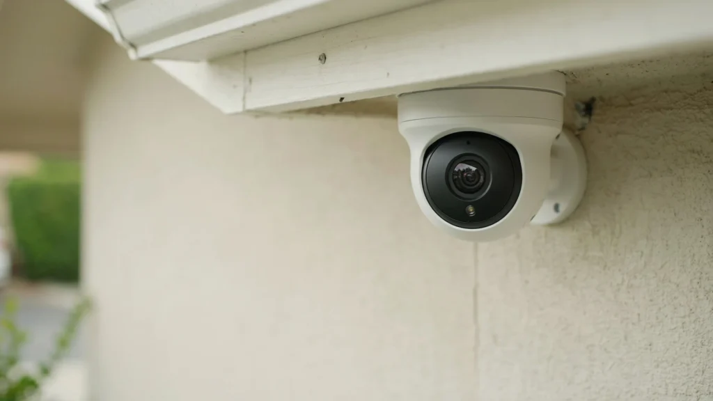 White dome security camera mounted under a house eave, viewed from a side angle showing the lens and mounting bracket.
