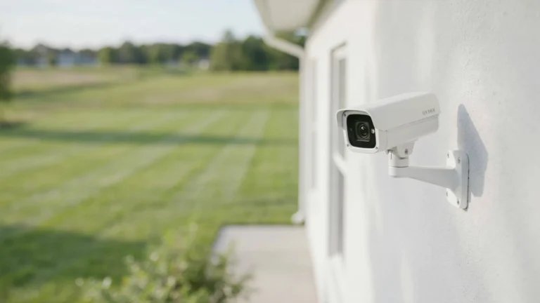 White bullet-style security camera mounted on a house exterior wall, overlooking a wide open lawn and tree line in the background