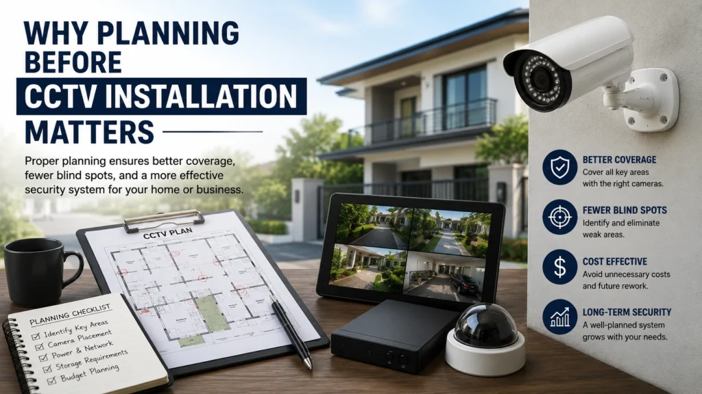 CCTV installation planning with a property layout, security cameras, surveillance monitor, and installation checklist.