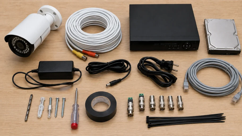 CCTV camera, DVR, hard drive, power cables, and mounting hardware laid out for installation