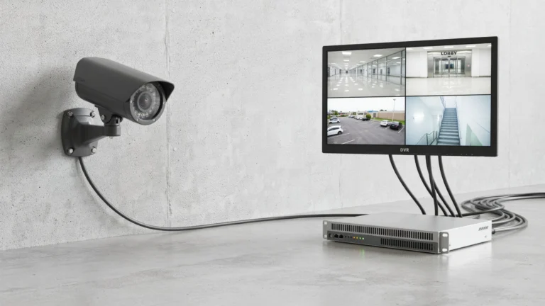 CCTV bullet camera mounted on a concrete wall connected to a DVR recorder with a four-view monitor showing lobby, hallway, parking lot, and stairwell footage