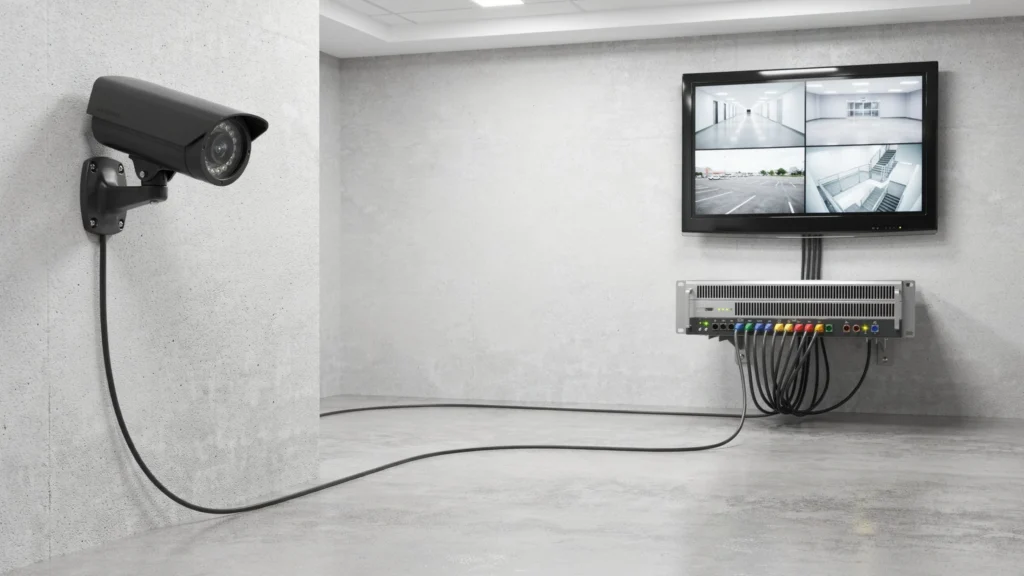Security camera on a wall connected by cable to a wall-mounted DVR unit and monitor displaying four camera feeds in a concrete room