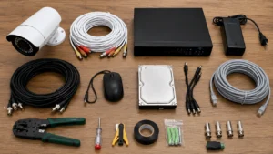 Complete CCTV installation kit with bullet camera, cables, DVR, hard drive, crimping tool, and mounting hardware