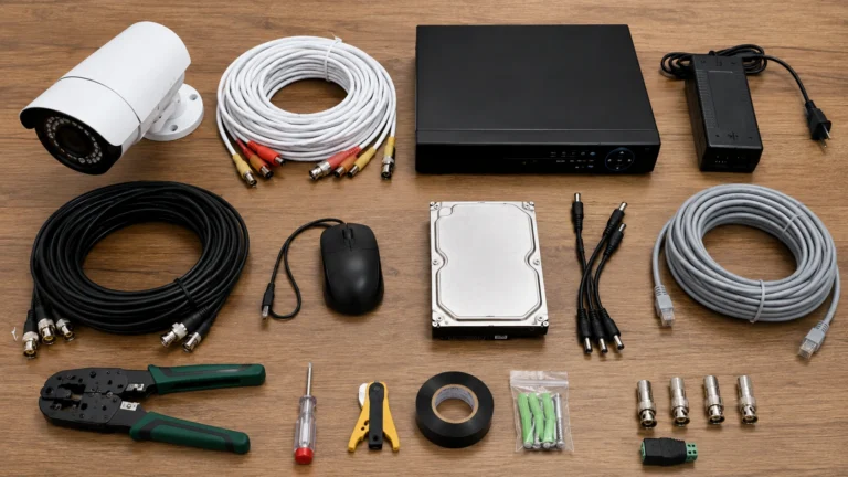 Complete CCTV installation kit with bullet camera, cables, DVR, hard drive, crimping tool, and mounting hardware