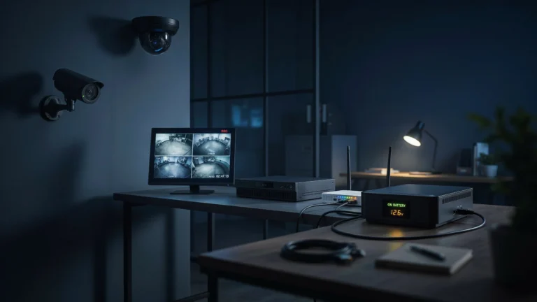 CCTV monitor showing four camera feeds next to an NVR and battery backup unit displaying "ON BATTERY 12.6V" in a dark office