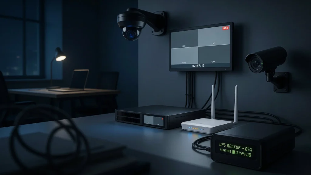 Security camera setup with a monitor showing four blank channel feeds and a UPS device displaying "UPS BACKUP – 85%, RUNTIME 01:24:00"