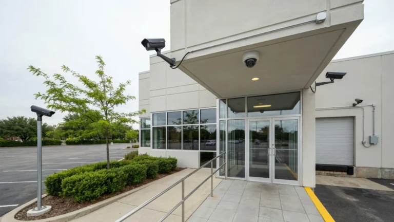 Wide-angle view of a commercial building entrance with glass double doors, covered by an overhang, with multiple security cameras mounted on exterior walls and a pole-mounted camera near the parking lot.