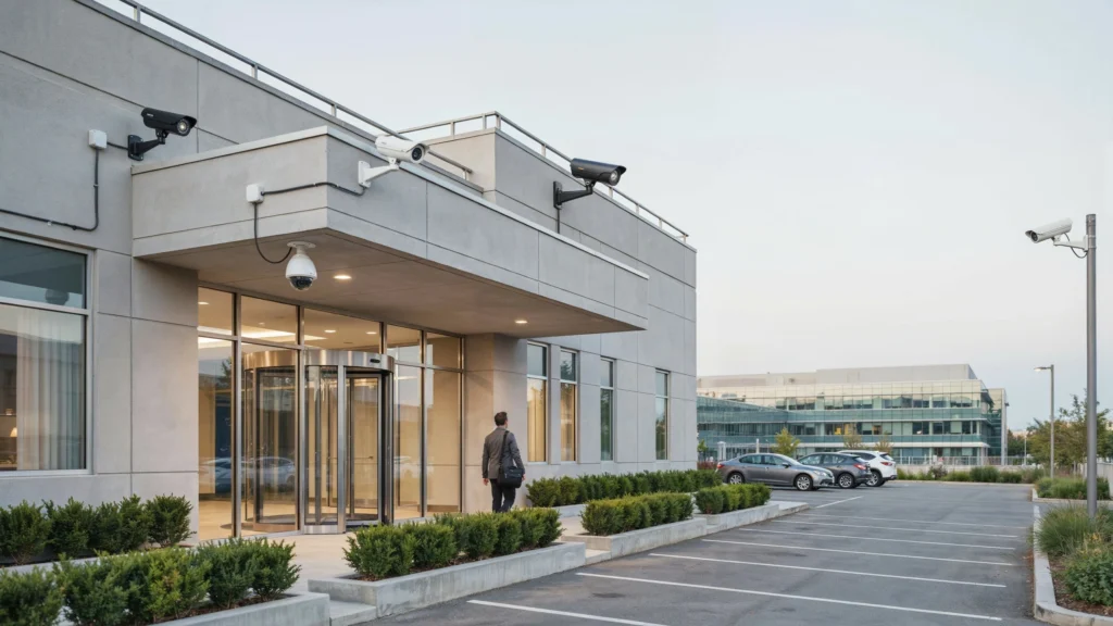 Wide view of a corporate building entrance with a revolving glass door, rooftop-mounted security cameras along the building's edge, and a man walking toward the entrance at dusk.