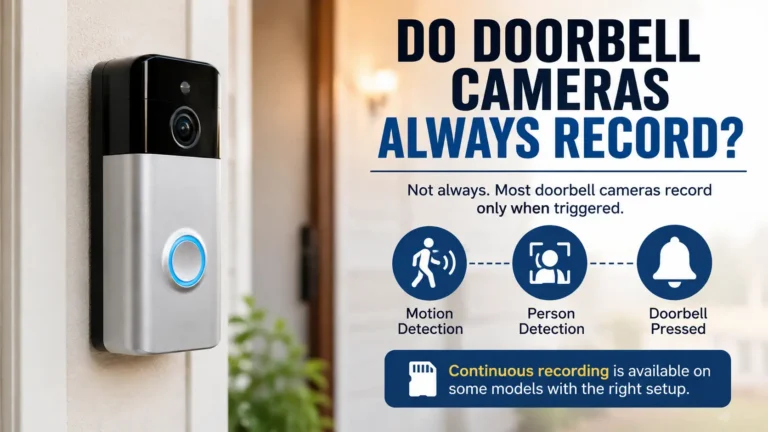Smart doorbell camera mounted beside a front door with an infographic explaining that most doorbell cameras record when triggered by motion, people, or a doorbell press, while some models support continuous recording.