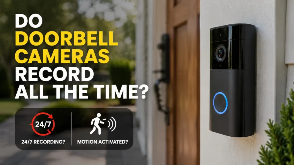 A modern video doorbell camera mounted beside a front door, with text asking whether doorbell cameras record all the time and showing 24/7 recording versus motion-activated recording.