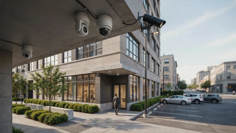 Street-level view of a modern office building entrance with multiple dome and bullet security cameras mounted under the overhang, a man walking toward the glass doors, and cars parked along the street.