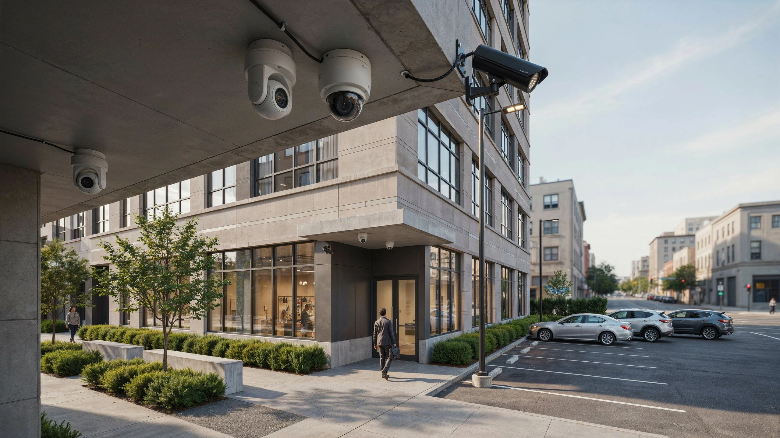 Street-level view of a modern office building entrance with multiple dome and bullet security cameras mounted under the overhang, a man walking toward the glass doors, and cars parked along the street.