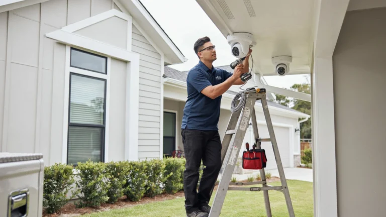 Technician on a ladder installing a dome security camera under a home's covered porch, with a second camera visible nearby.
