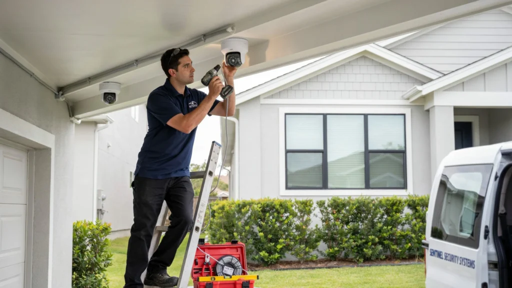 Technician on a ladder installing a dome security camera under a carport ceiling, with a "Sentinel Security Systems" van parked nearby.