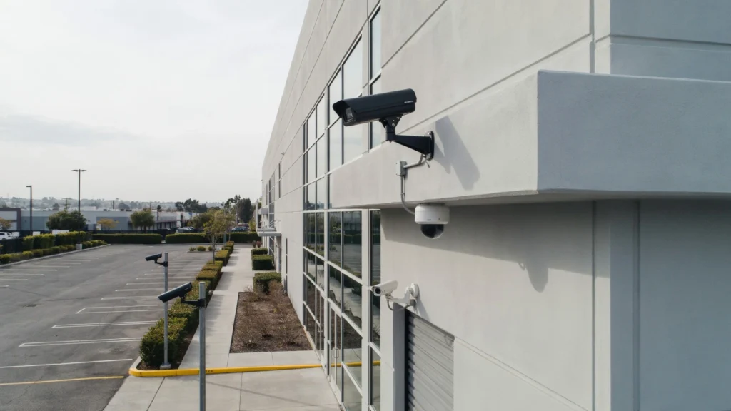 Close-up angled view of a commercial building's side wall showing a cluster of security cameras — including bullet and dome styles — mounted above a loading dock area, overlooking an empty parking lot.