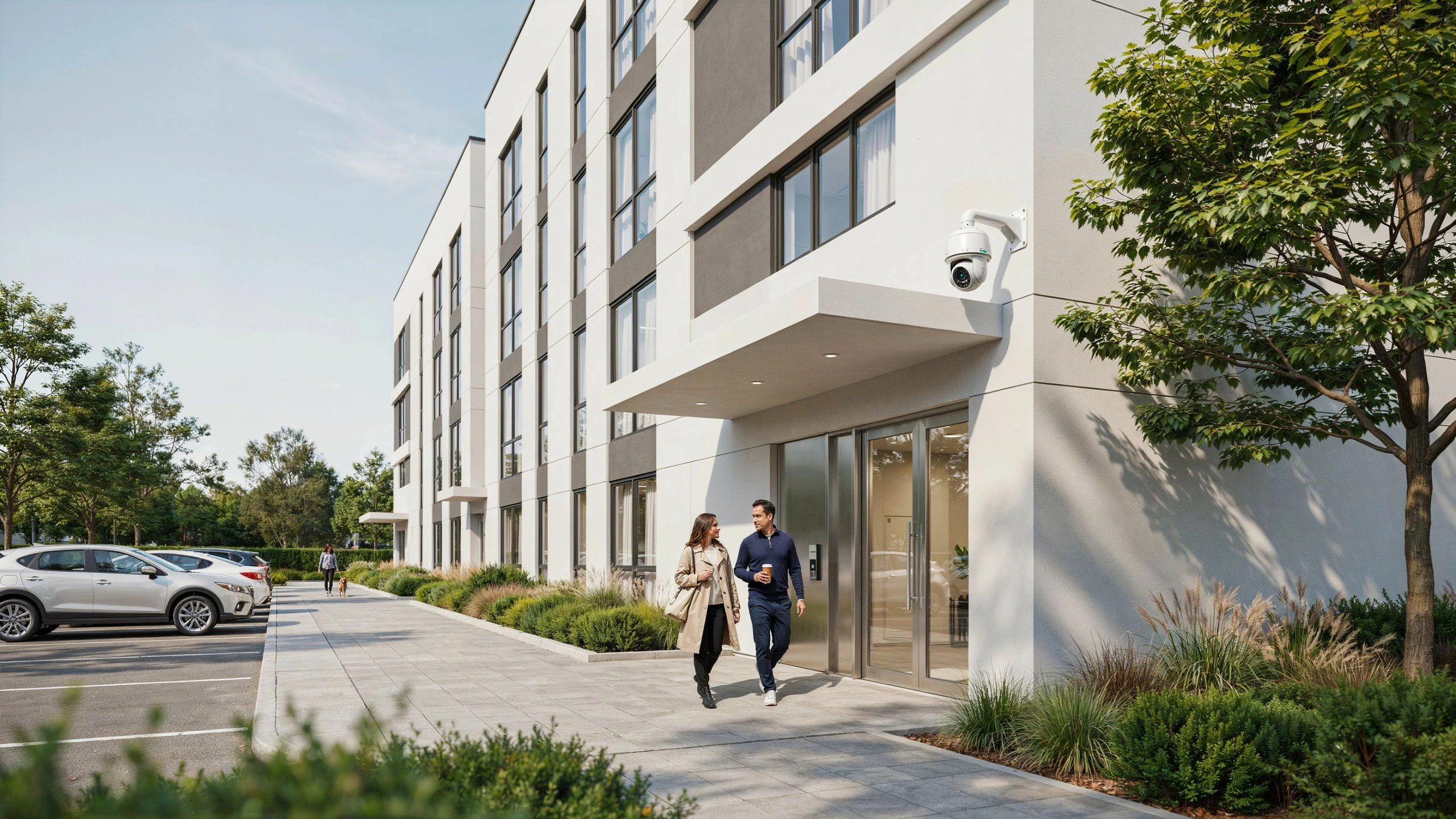 White dome security camera mounted above the entrance of a modern apartment building as two residents walk toward the glass doors.