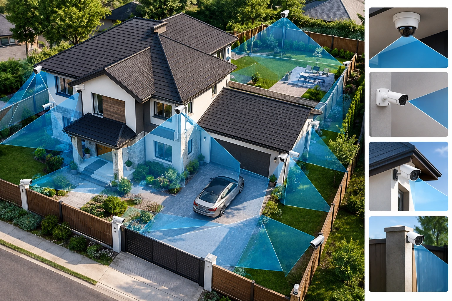 CCTV cameras positioned around a home to provide maximum security coverage