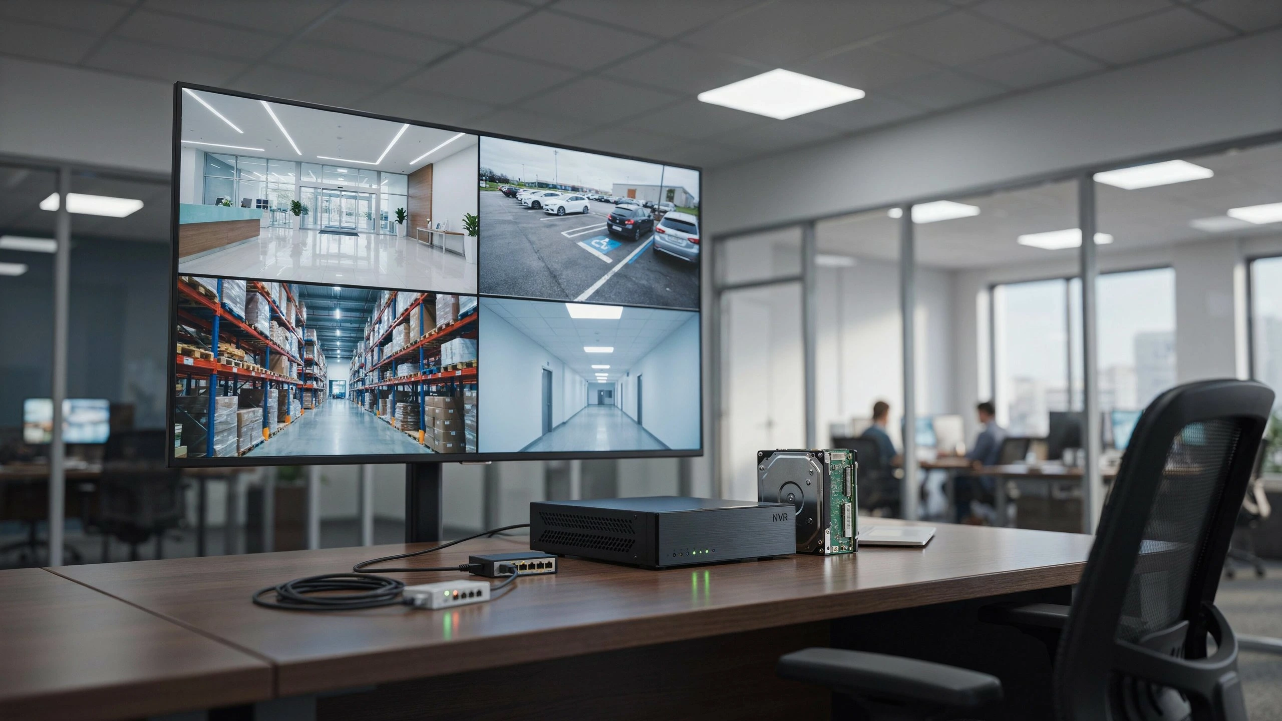 NVR security system with hard drive on office desk displaying four-camera CCTV feed on monitor