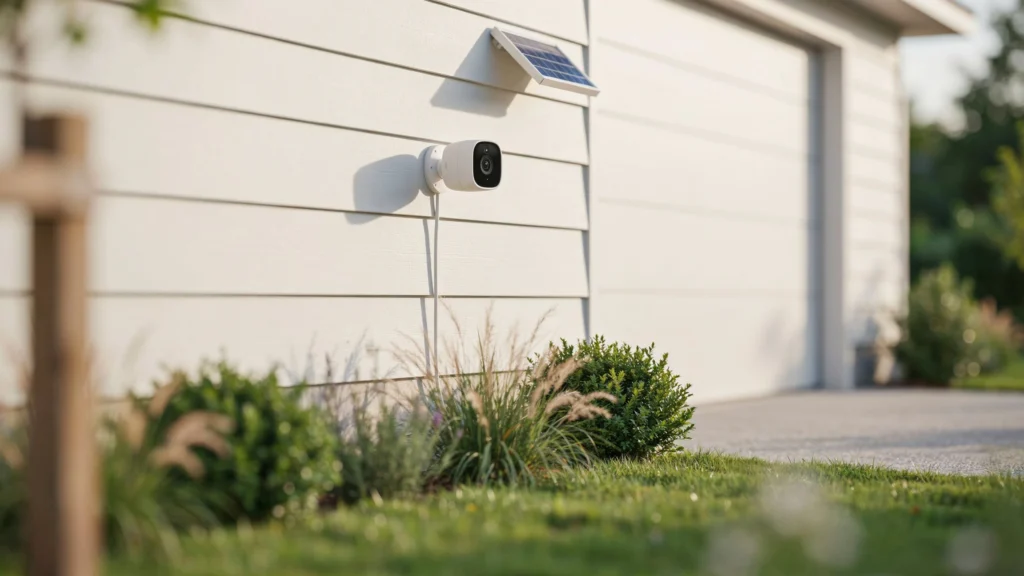 White bullet-style security camera mounted on white siding below a small angled solar panel, surrounded by grasses and shrubs near a driveway