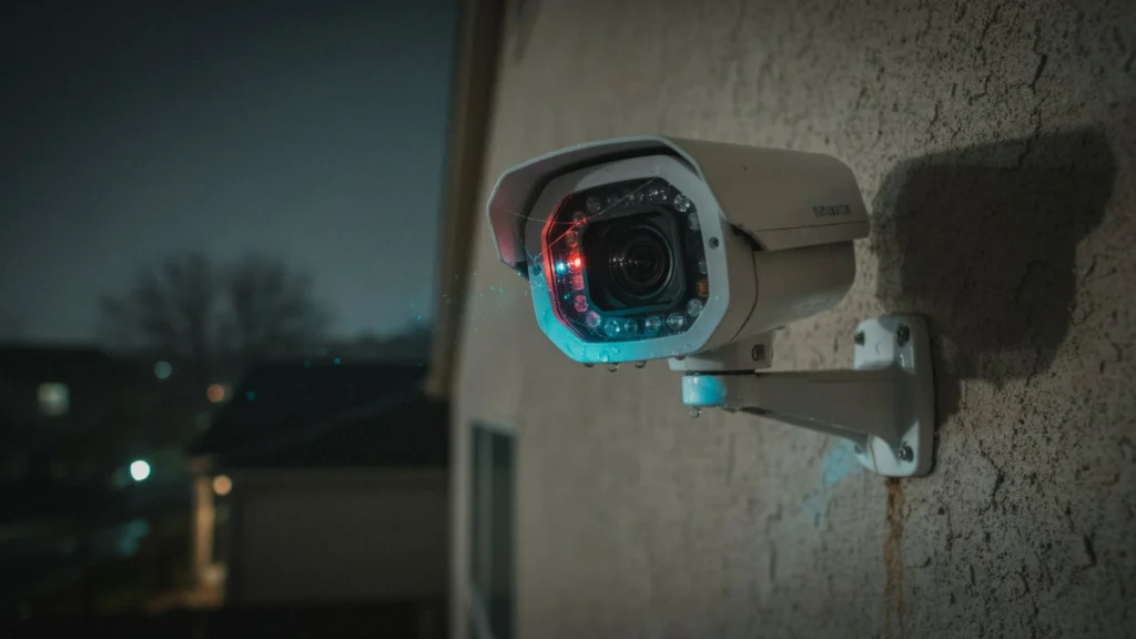 Close-up of an outdoor security camera at night with red infrared LEDs lit and a spider web strand hanging from the lens housing.
