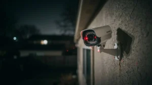 Side view of a security camera at night with glowing red infrared sensors and a cobweb stretching across the lens area.
