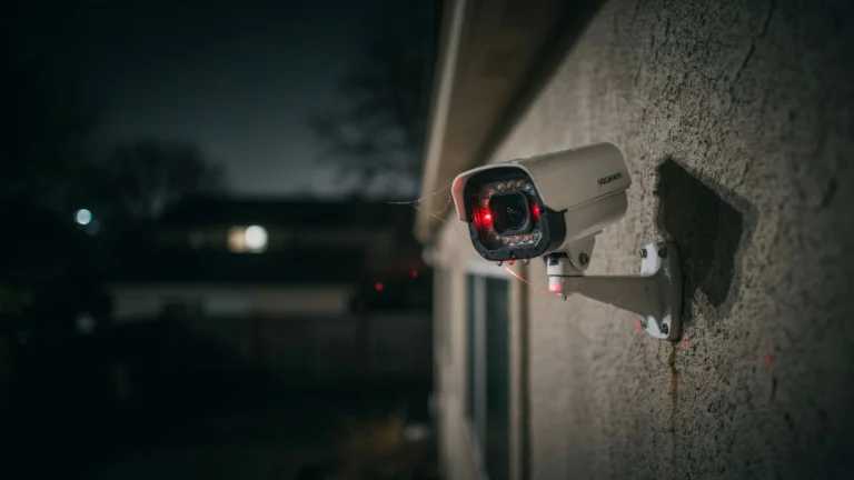 Side view of a security camera at night with glowing red infrared sensors and a cobweb stretching across the lens area.
