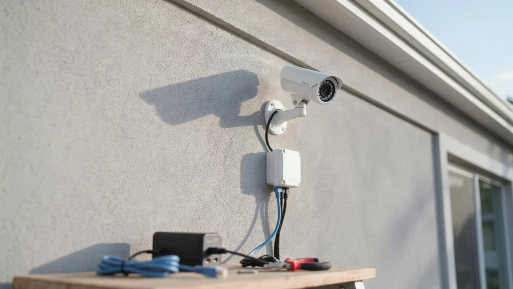 Security camera connected to a power supply and network cable