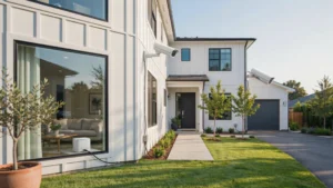 White modern farmhouse-style home exterior with two outdoor security cameras mounted on siding and a smart home hub visible through the window