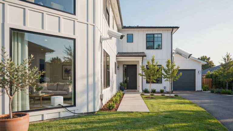 White modern farmhouse-style home exterior with two outdoor security cameras mounted on siding and a smart home hub visible through the window