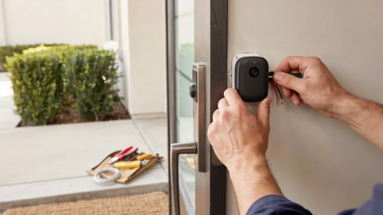 A person connects red and black wires to a black smart security camera mounted beside a glass front door, with a tool tray on the doorstep below.