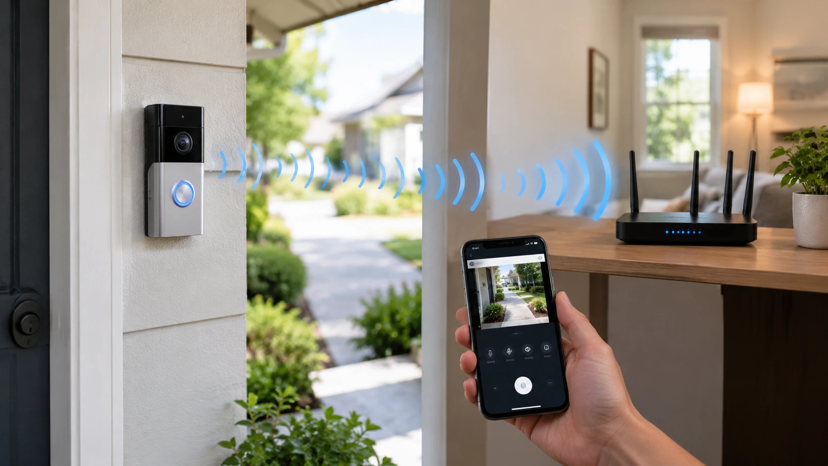 Smart video doorbell mounted beside a front door, sending a wireless signal through the house to a Wi-Fi router, with a hand holding a smartphone displaying the live doorbell camera feed.