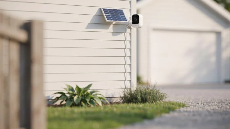 White outdoor security camera with a wall-mounted solar panel on the corner of a white-sided garage, with a lawn and driveway in the background