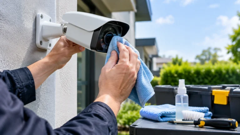 Technician's hands cleaning the lens of an outdoor security camera with a blue microfiber cloth, with cleaning tools on a case in the background