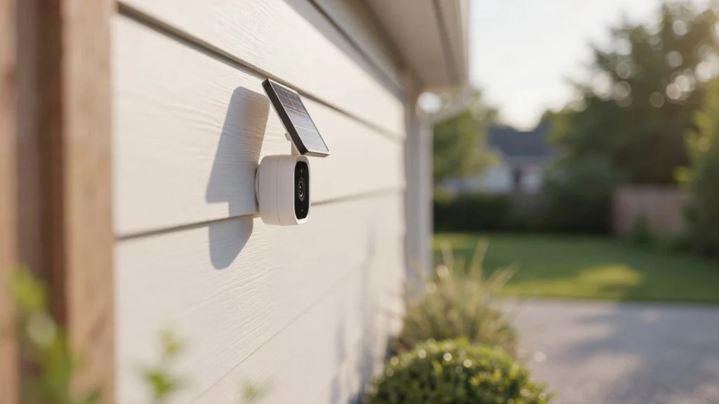 Compact wire-free security camera with an attached solar panel mounted on white wood siding, with no visible cables, overlooking a sunny backyard and driveway