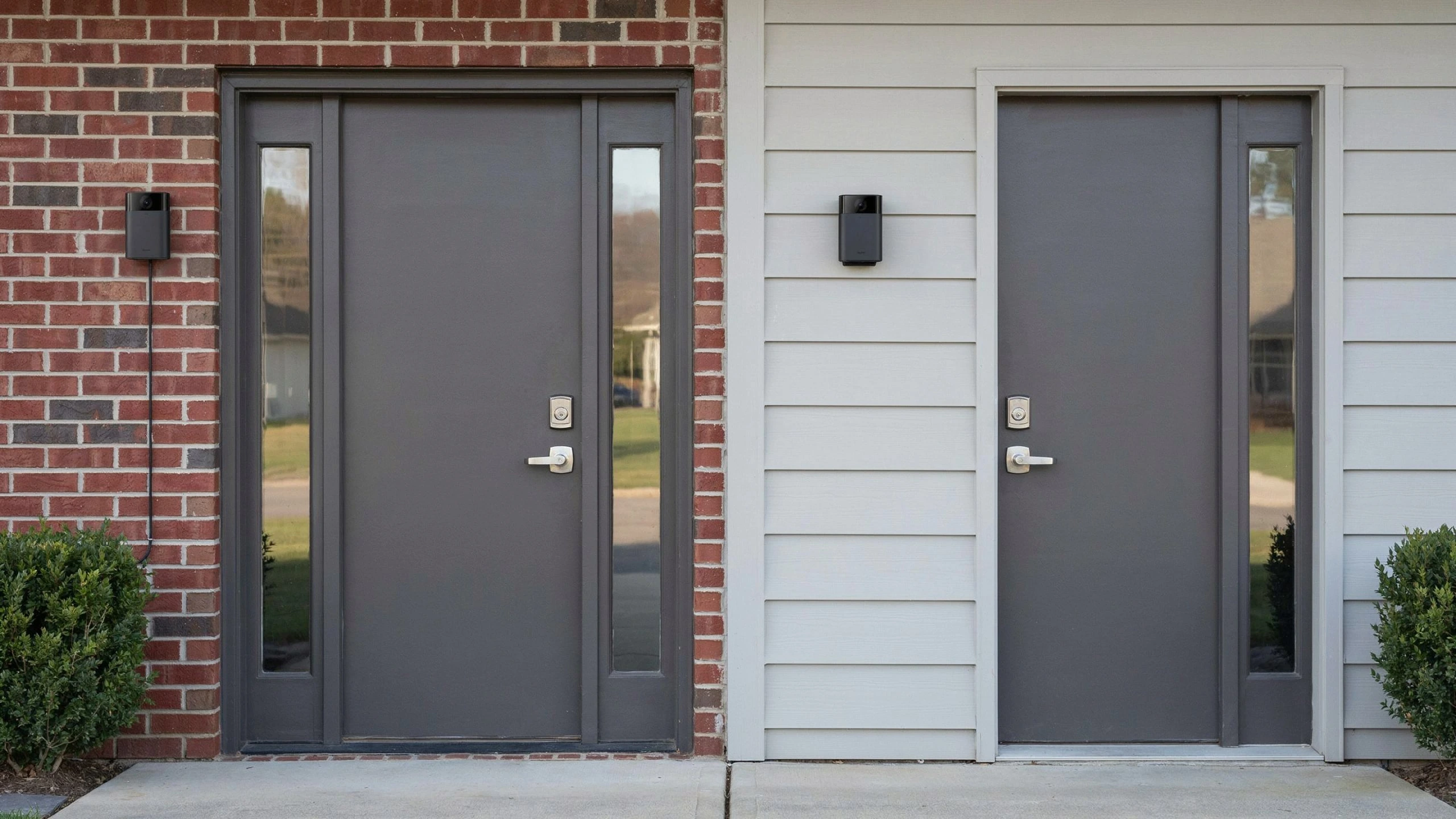 Wired video doorbell camera mounted beside a dark gray front door on a brick home, with a second matching doorbell installed on white siding at a neighboring entrance.