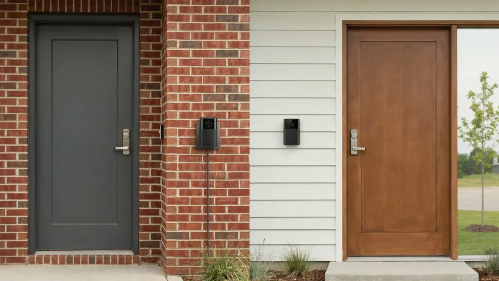 Side-by-side comparison of a wired doorbell camera with visible cable on brick and a wireless doorbell camera mounted on white siding, across three home entrances.