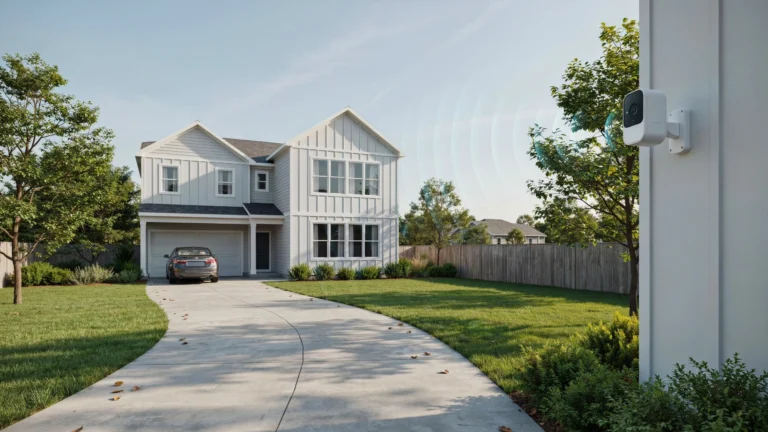Outdoor wireless security camera mounted on a wall, showing WiFi signal waves extending toward a two-story suburban home with a car in the driveway
