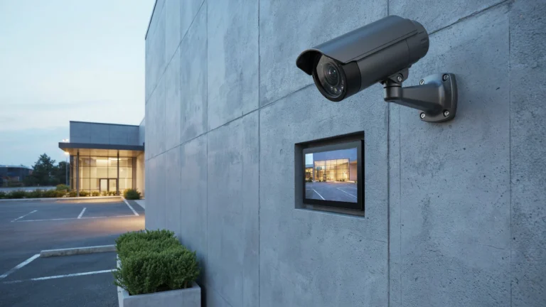 Black outdoor bullet security camera on a concrete wall at dusk, with a wall-mounted monitor below showing a clear low-light view of a lit building entrance and parking lot.