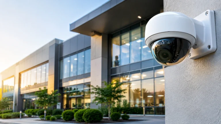 Dome CCTV camera mounted outside a modern commercial building