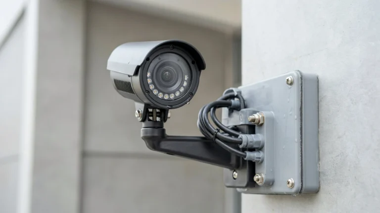 Black IP bullet camera on a bracket arm connected to a gray weatherproof junction box with cables on a concrete wall