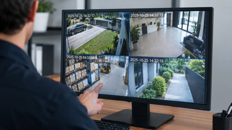 Security monitor displaying CCTV footage with date and time timestamps across multiple camera views.