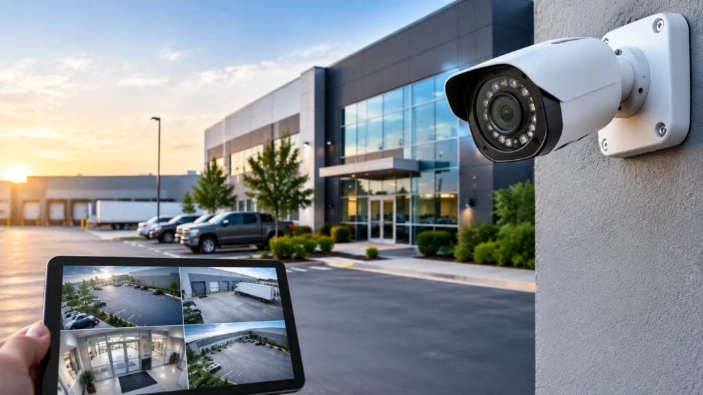 Bullet CCTV camera monitoring a commercial building and parking area